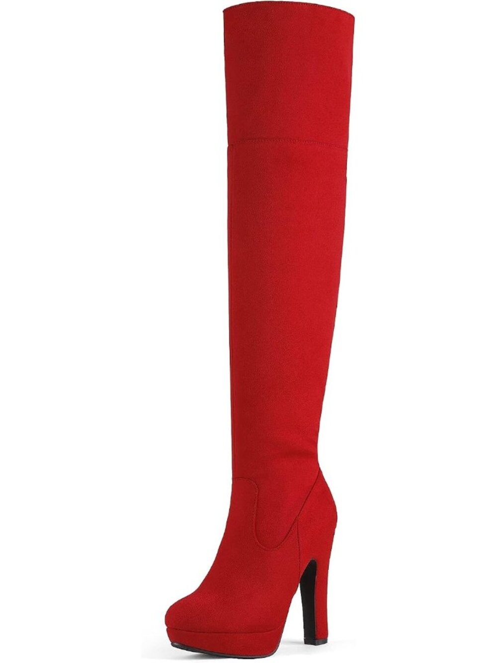 Women's Red High Heel Round Toe Faux Suede Over The Knee Thigh High Boots